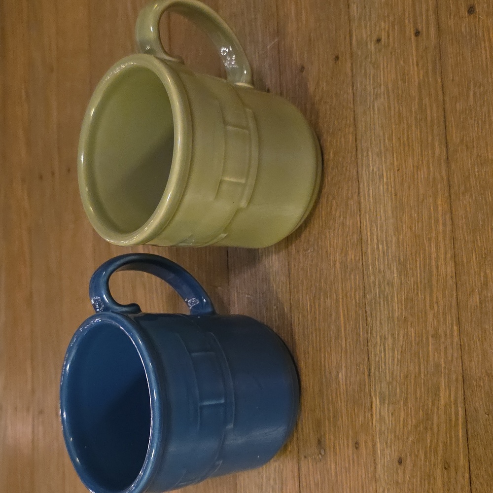 Longaberger Pottery Woven Traditions Sage Green & Blue Mugs- Set Of 2/ Retired
